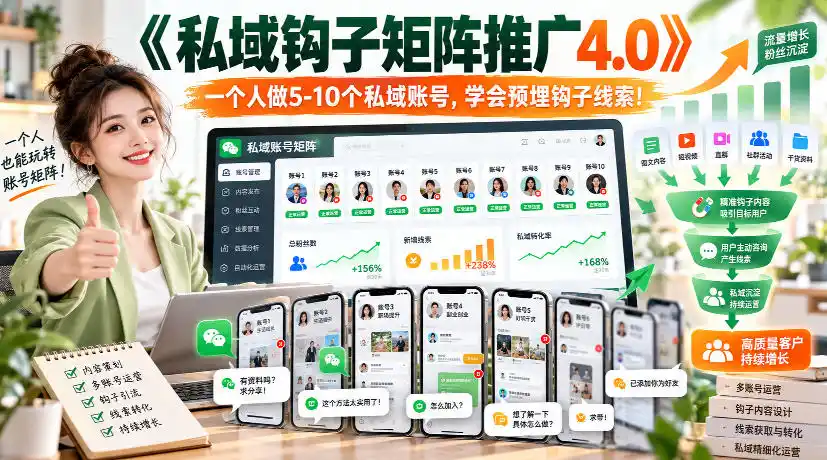 【无水印】《私域钩子矩阵推广4.0》一个人做5-10个私域账号，学会预埋钩子线索！-聚创源