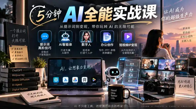 5分钟AI全能实战课｜提示词高阶技巧+AI智能体+数字人+办公创作+短视频IP变现全教程-聚创源