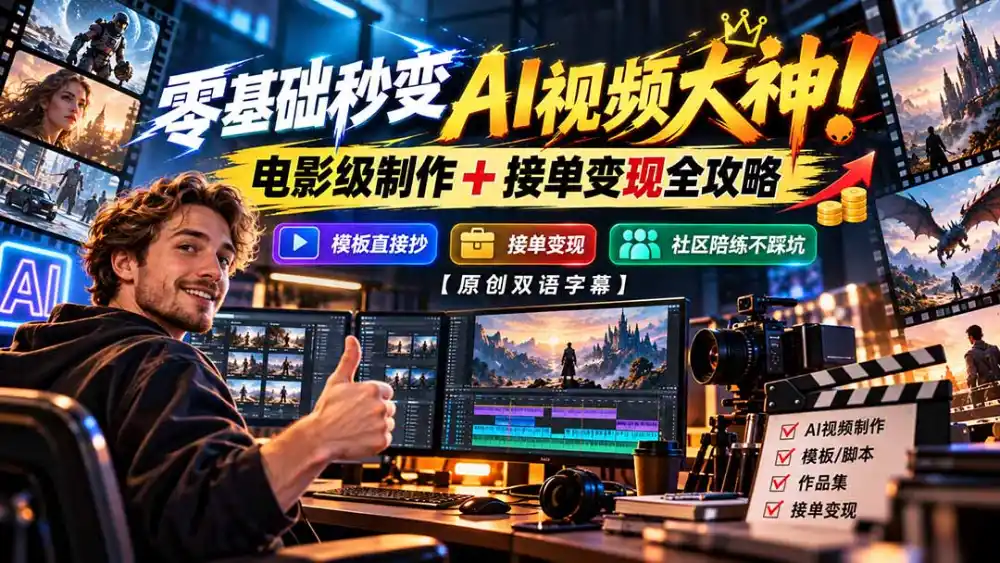 零基础秒变AI视频大神！电影级制作 + 接单变现全攻略，模板直接抄，社区陪练不踩坑【原创双语字幕】-聚创源