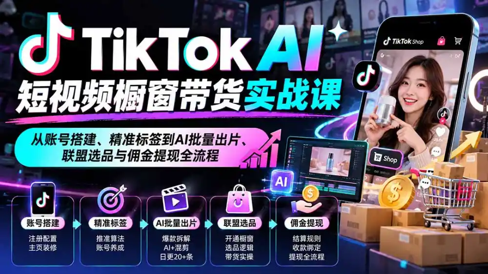 TikTok AI短视频橱窗带货实战课：从账号搭建、精准标签到AI批量出片、联盟选品与佣金提现全流程-聚创源