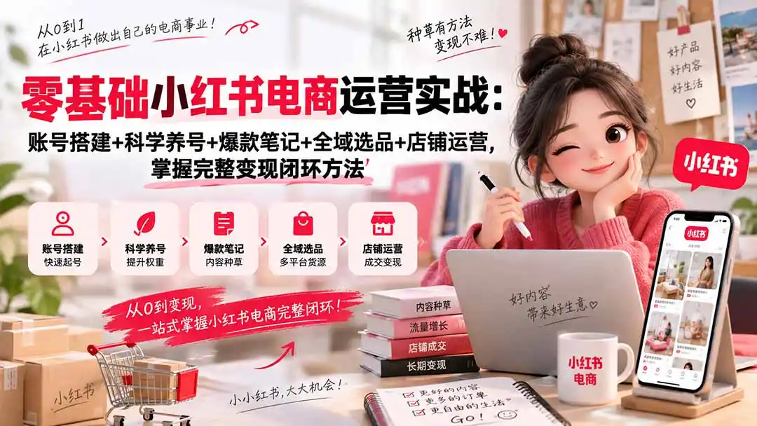 零基础小红书电商运营实战：账号搭建+科学养号+爆款笔记+全域选品+店铺运营，掌握完整变现闭环方法-聚创源