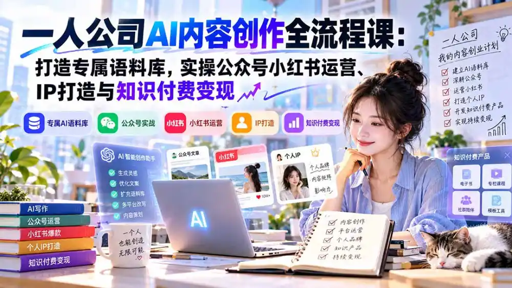 一人公司AI内容创作全流程课：打造专属语料库，实操公众号小红书运营、IP打造与知识付费变现方法论-聚创源