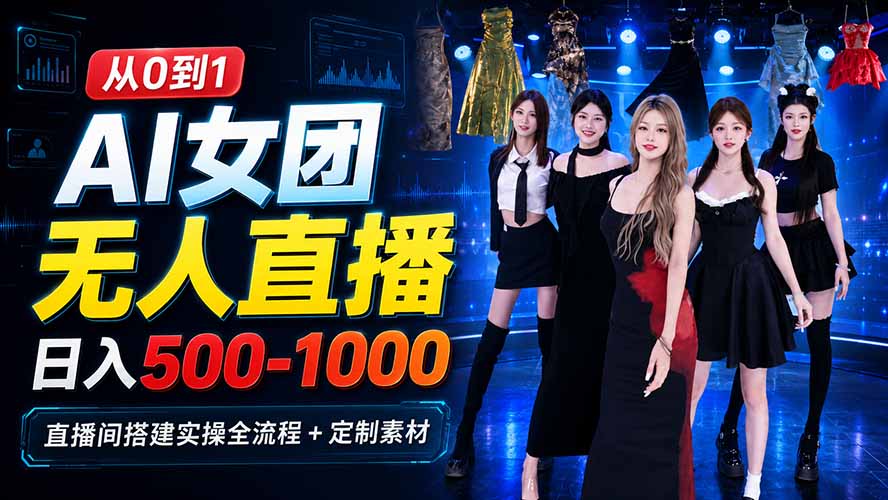 AI 女团无人直播，躺入500-1000每天，直播间搭建实操全流程+定制素材-聚创源