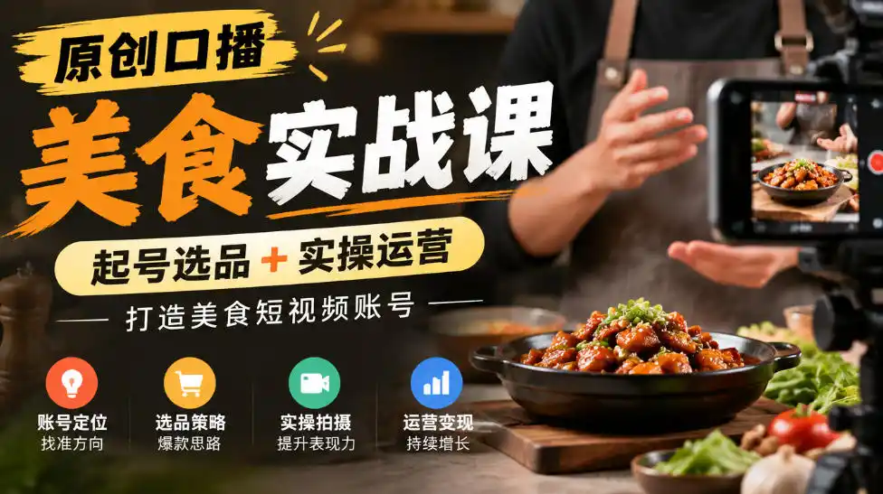 原创口播美食实战课，起号选品+实操运营，打造美食短视频账号-聚创源