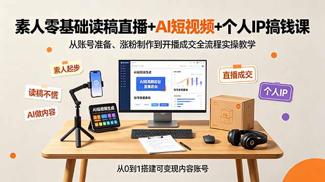 素人零基础读稿直播+AI短视频+个人IP搞钱课，从账号准备、涨粉制作到开播成交全流程实操教学-聚创源