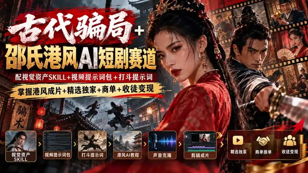 古代骗局+邵氏港风AI短剧赛道：配视觉资产SKILL+视频提示词包+打斗提示词，掌握港风成片+精选独家+商单+收徒变现-聚创源