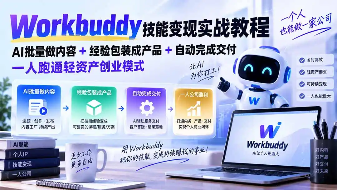 Workbuddy技能变现实战教程：AI批量做内容+经验包装成产品+自动完成交付，一人跑通轻资产创业模式-聚创源