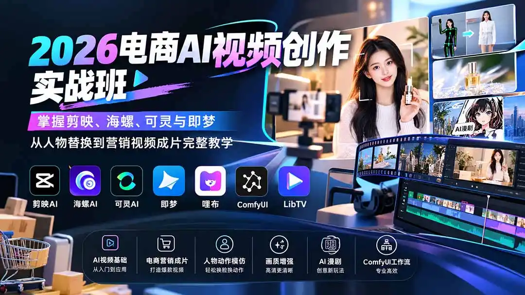 2026电商AI视频创作实战班：掌握剪映、海螺、可灵与即梦，从人物替换到营销视频成片完整教学-聚创源