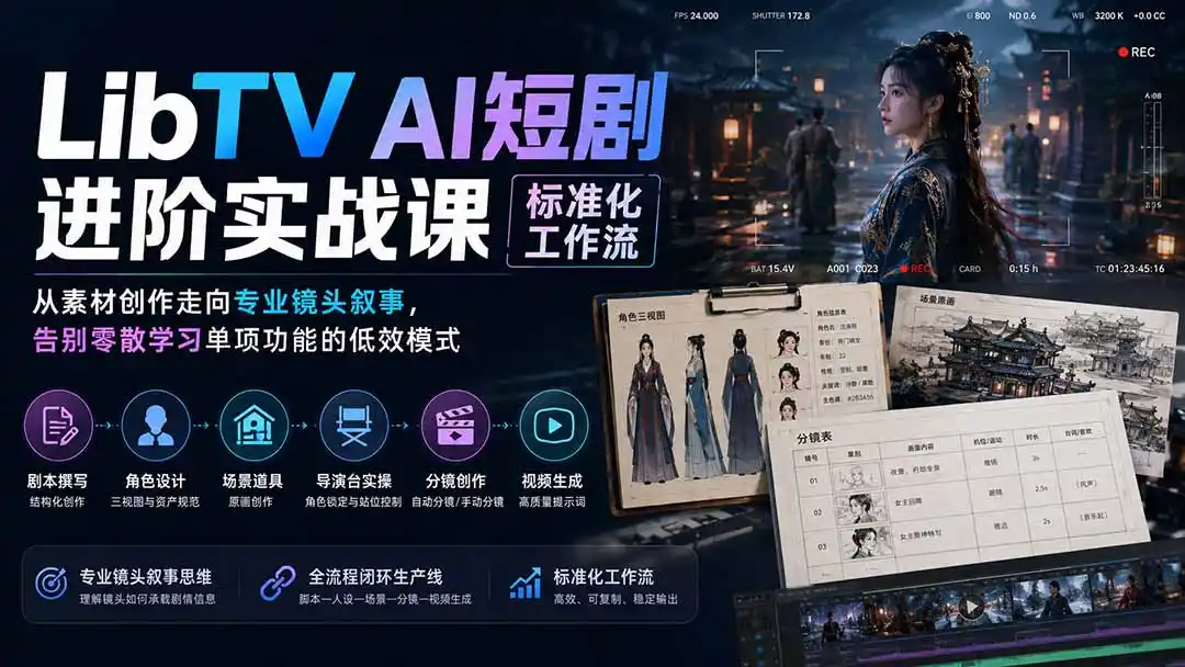 LibTV AI短剧进阶实操课标准化工作流；从素材创作走向专业镜头叙事，告别零散学习单项功能的低效模式-聚创源