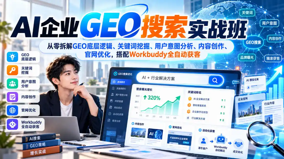 AI企业GEO搜索实战班，从零拆解GEO底层逻辑、关键词挖掘、用户意图分析、内容创作、官网优化，搭配Workbuddy全自动获客-聚创源
