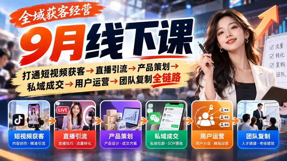 全域获客经营9月线下课:打通短视频获客→直播引流→产品策划→私域成交→用户运营→团队复制全链路-聚创源