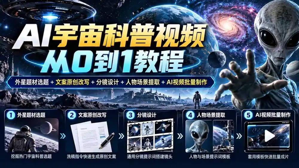 AI宇宙科普视频从0到1教程|外星题材选题+文案原创改写+分镜设计+人物场景提取+AI视频批量制作-聚创源