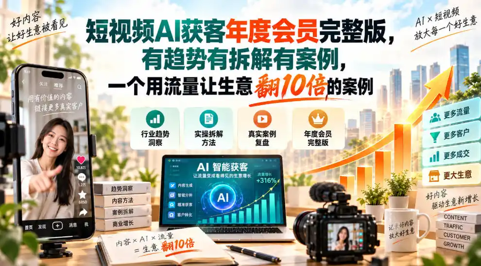 短视频AI获客年度会员完整版，有趋势有拆解有案例，一个用流量让生意翻10倍的案例-聚创源