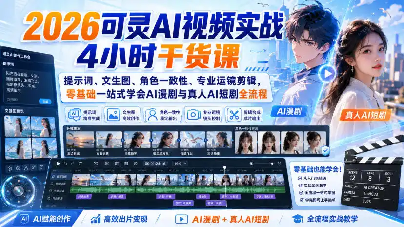 2026可灵AI视频实战4小时干货课｜提示词、文生图、角色一致性、专业运镜剪辑，零基础一站式学会AI漫剧与真人AI短剧全流程-聚创源