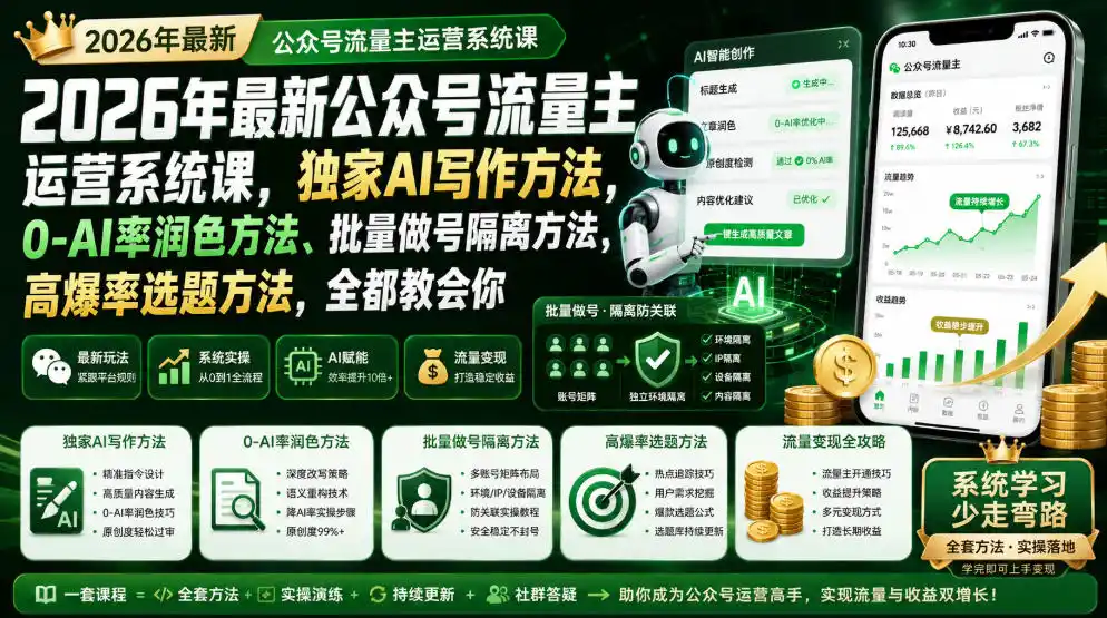 2026年最新公众号流量主运营系统课，独家AI写作方法，0-AI率润色方法、批量做号隔离方法、高爆率选题方法，全都教会你(更新1009)-聚创源