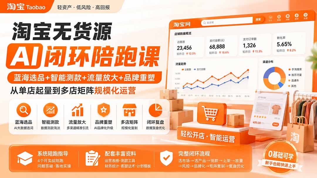淘宝无货源AI闭环陪跑课：蓝海选品+智能测款+流量放大+品牌重塑，从单店起量到多店矩阵规模化运营-聚创源