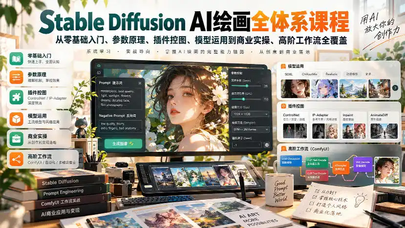 【无水印】Stable Diffusion AI绘画全体系课程，从零基础入门、参数原理、插件控图、模型运用到商业实操、高阶工作流全覆盖-聚创源