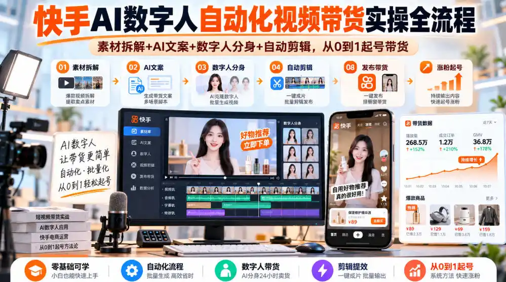 快手AI数字人自动化视频带货实操全流程｜素材拆解+AI文案+数字人分身+自动剪辑，从0到1起号带货(更新26年)-聚创源