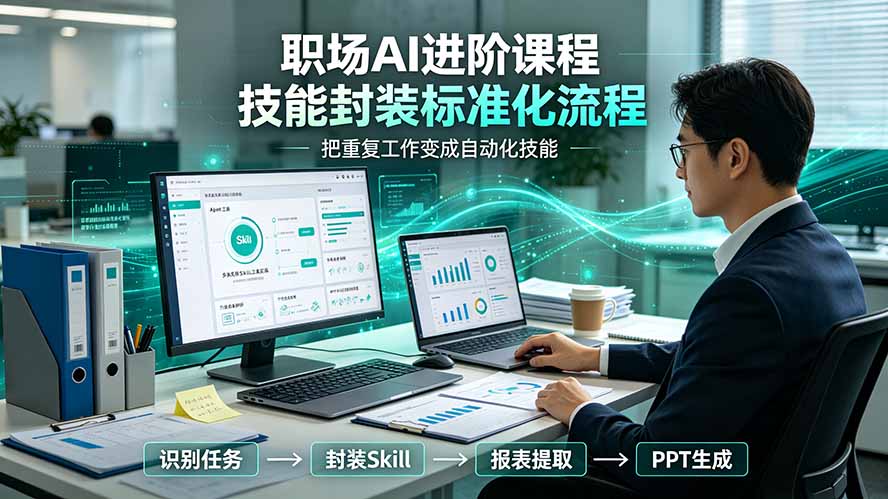 职场AI进阶课程；多类实用Skill工具实操，专属技能封装标准化流程，报表行业报告一键提取核心内容-聚创源
