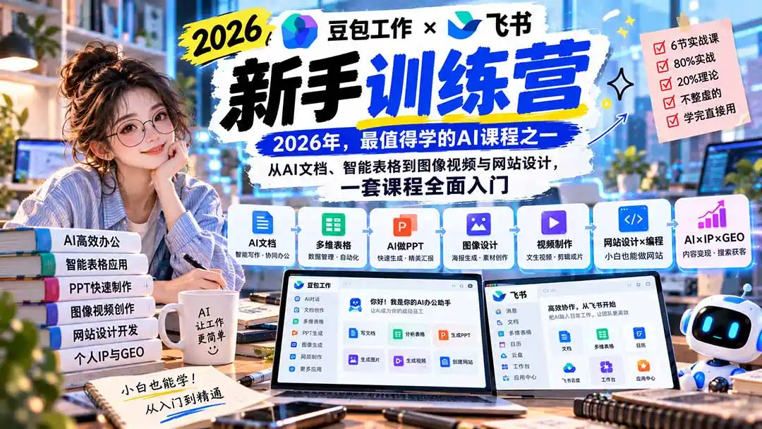 2026豆包工作+飞书新手训练营-9月新课：从AI文档、智能表格到图像视频与网站设计，一套课程全面入门-聚创源
