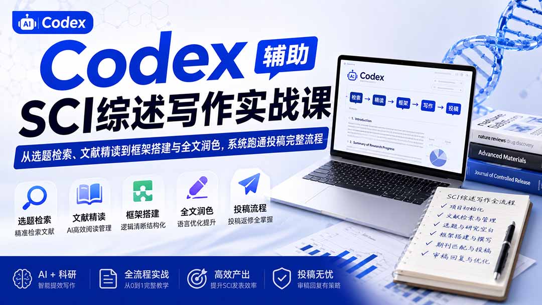 Codex辅助SCI综述写作实战课——从选题检索、文献精读到框架搭建与全文润色，系统跑通投稿完整流程-聚创源