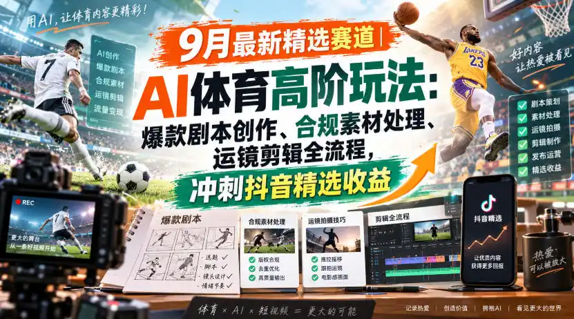 某大佬的9月最新精选赛道之AI体育顶级玩法，爆款剧本创作、版权规避、运镜剪辑全流程，稳拿抖音精选收益-聚创源