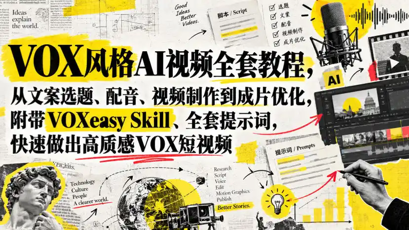 VOX风格AI视频全套教程，从文案选题、配音、视频制作到成片优化，附带VOXeasy Skill、全套提示词，快速做出高质感VOX短视频-聚创源