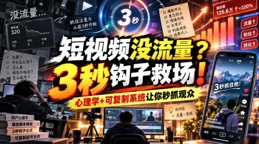 【无水印】短视频没流量？3秒钩子救场！心理学+可复制系统让你秒抓观众【原创双语字幕】-聚创源