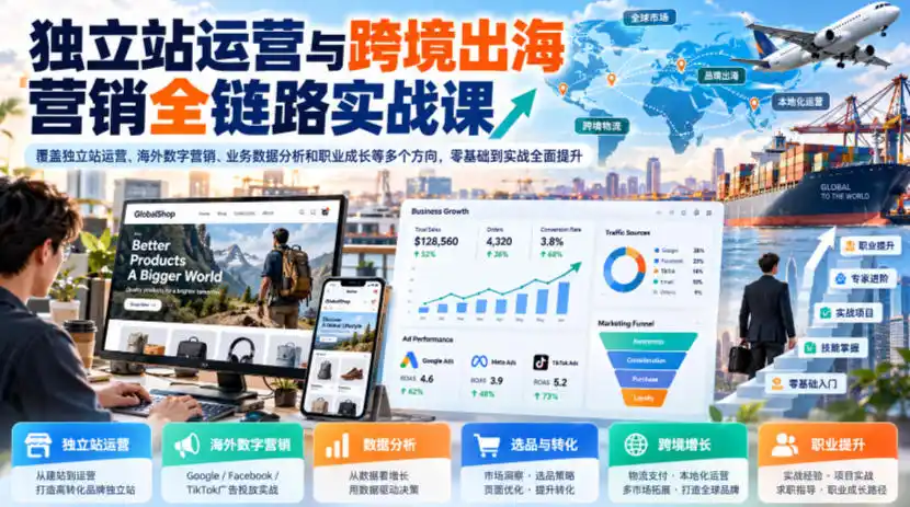 独立站运营与跨境出海营销全链路实战课，覆盖独立站运营、海外数字营销、业务数据分析和职业成长等多个方向，零基础到实战全面提升-聚创源