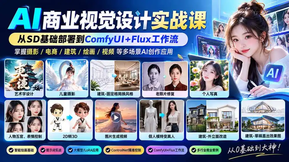 【无水印】AI商业视觉设计实战课:从SD基础部署到ComfyUI+Flux工作流,掌握摄影电商建筑AI创作 【无水印】AI商业视觉设计实战课:从SD基础部署到ComfyUI+Flux工作流,掌握摄影电商建筑AI创作
