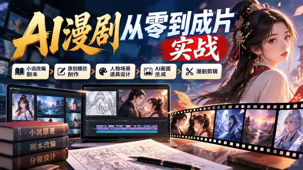 AI漫剧从零到成片实战：小说改编剧本、原创模仿创作、人物场景道具设计、AI画面生成与漫剧剪辑-聚创源
