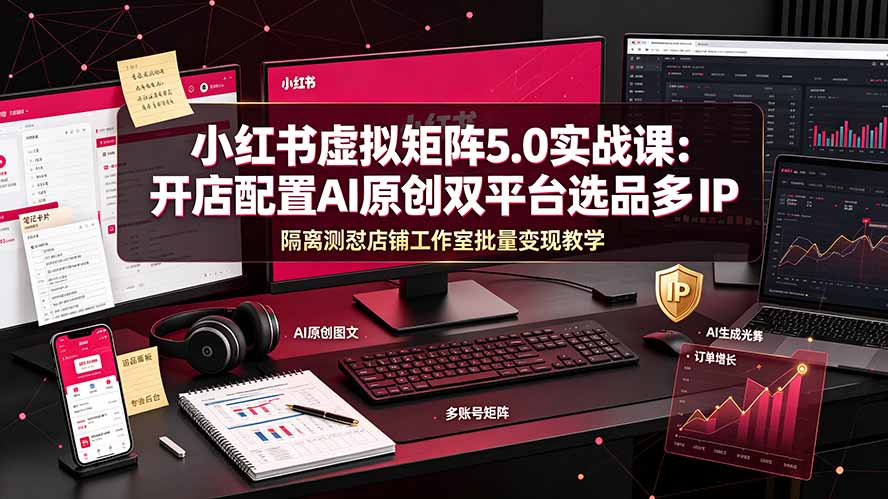小红书虚拟矩阵5.0实战课:开店配置|AI原创|双平台选品|多IP隔离|测怼店铺工作室批量变现实操教学-聚创源