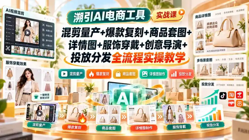溯引AI电商工具实战课：混剪量产+爆款复刻+商品套图+详情图+服饰穿戴+创意导演+投放分发全流程实操教学-聚创源