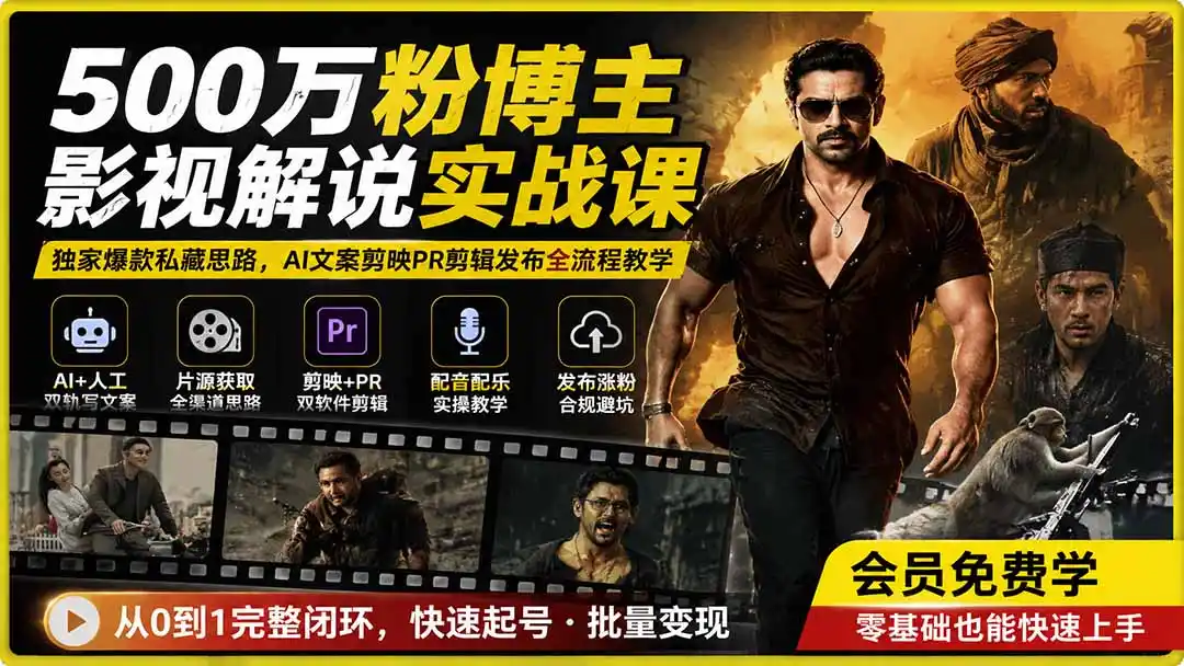 500万粉博主影视解说实战课｜独家爆款私藏思路，AI文案剪映PR剪辑发布全流程教学-聚创源