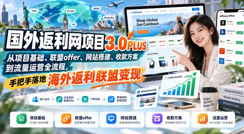 国外返利网项目3.0PLUS，从项目基础、联盟offer、网站搭建、收款方案到流量运营全流程，手把手落地海外返利联盟变现-聚创源