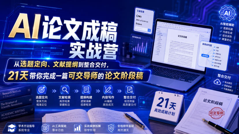 AI论文成稿实战营，从选题定向、文献提纲到整合交付，21天带你完成一篇可交导师的论文阶段稿-聚创源
