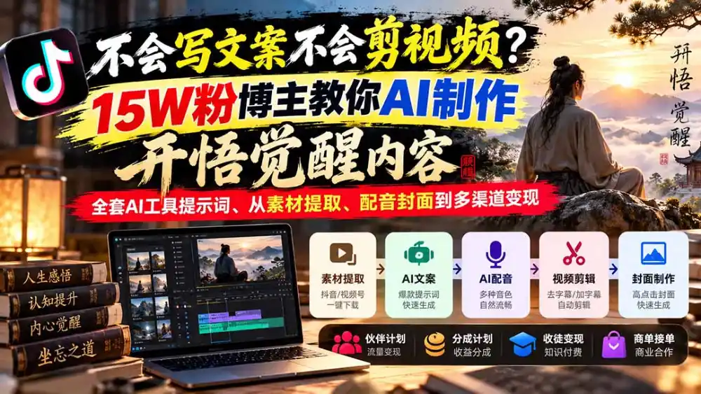 不会写文案不会剪视频？15W粉博主教你AI制作开悟觉醒内容，全套AI工具提示词、从素材提取、配音封面到多渠道变现-聚创源