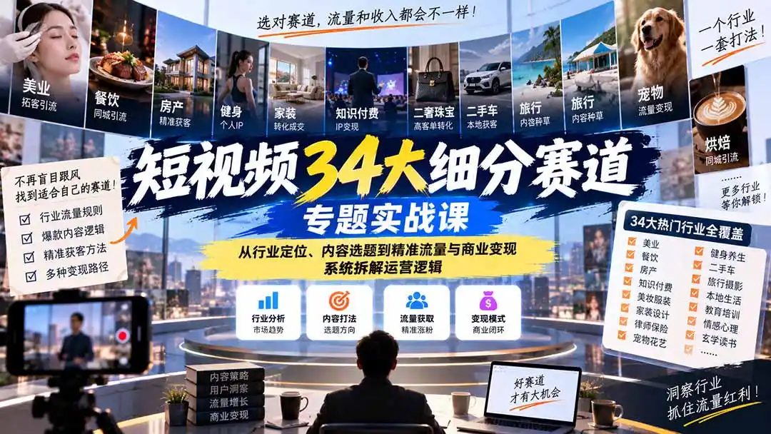短视频34大细分赛道专题实战课：从行业定位、内容选题到精准流量与商业变现，系统拆解运营逻辑-聚创源