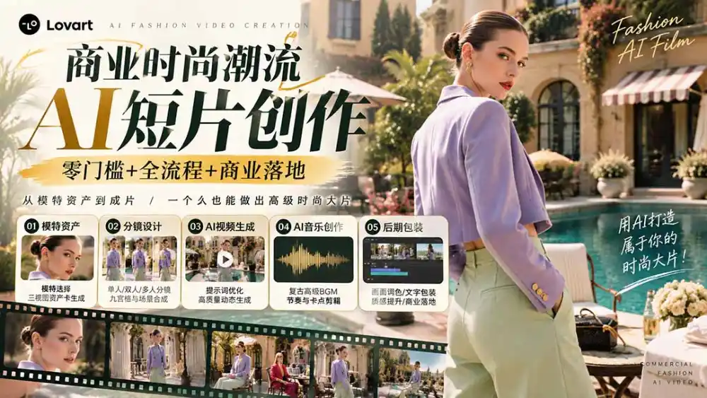从一张模特图到高级时尚广告大片：AI三视图资产、场景合成、电影分镜、动态生成与复古音乐剪辑实战课-聚创源
