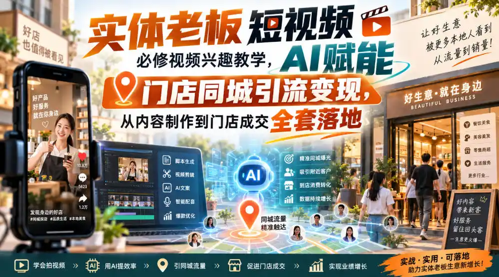 实体老板短视频必修视频兴趣教学,AI赋能门店同城引流变现,AI+短视频+直播打爆实体客流量-聚创源