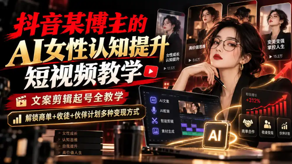 抖音某博主的Ai女性认知提升短视频教学，文案剪辑起号全教学，解锁商单+收徒+伙伴计划多种变现方式-聚创源