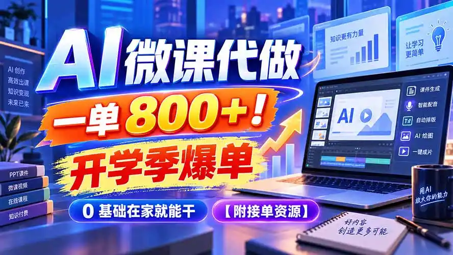 AI 微课代做，一单 800+！开学季爆单，0 基础在家就能干【附接单资源】-聚创源
