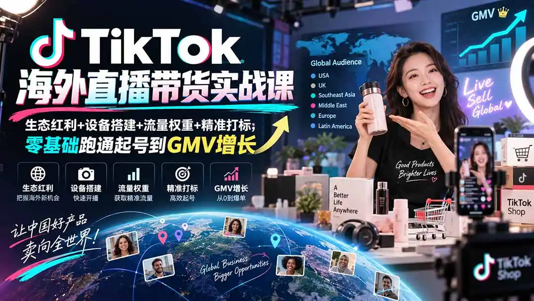 TikTok海外直播带货实战课｜生态红利+设备搭建+流量权重+精准打标，零基础跑通起号到GMV增长-聚创源