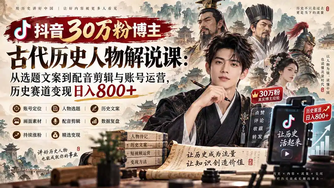 抖音30万粉博主古代历史人物解说课：从选题文案到配音剪辑与账号运营，历史赛道变现日入800+-聚创源