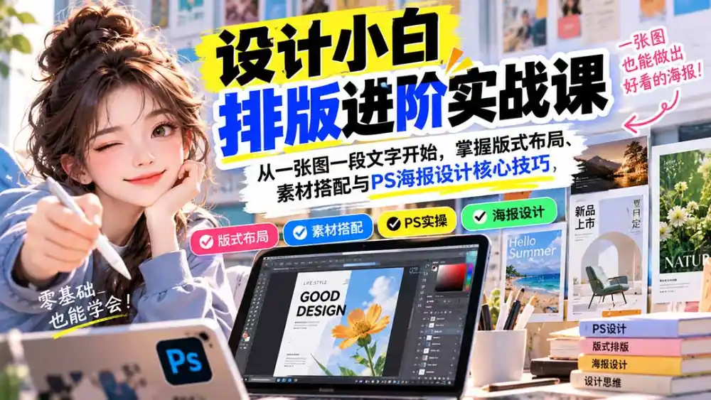 设计小白排版进阶实战课：从一张图一段文字开始，掌握版式布局、素材搭配与PS海报设计核心技巧-聚创源