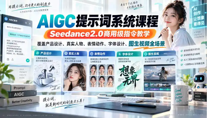 AIGC提示词系统课程，Seedance2.0商用级指令教学，覆盖产品设计、真实人物、表情动作、字体设计、图生视频全场景-聚创源