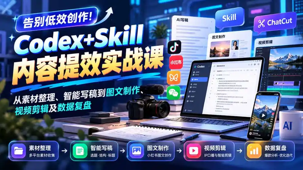 【无水印】告别低效创作！Codex+Skill内容提效实战课：从素材整理、智能写稿到图文制作、视频剪辑及数据复盘-聚创源