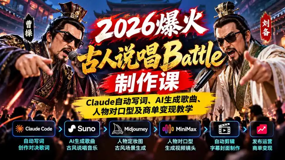 2026爆火古人说唱Battle制作课：Claude自动写词、AI生成歌曲、人物对口型及商单变现教学-聚创源