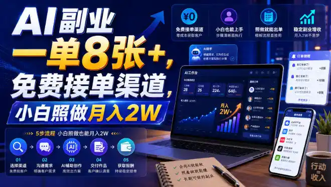 AI副业一单8张+，免费接单渠道，小白照做月入2W【揭秘】-聚创源
