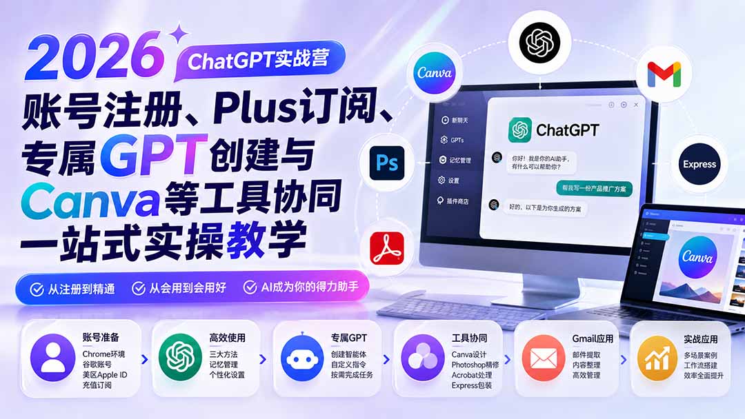 2026 ChatGPT实战营；账号注册、Plus订阅、专属GPT创建与Canva等工具协同一站式实操教学-聚创源